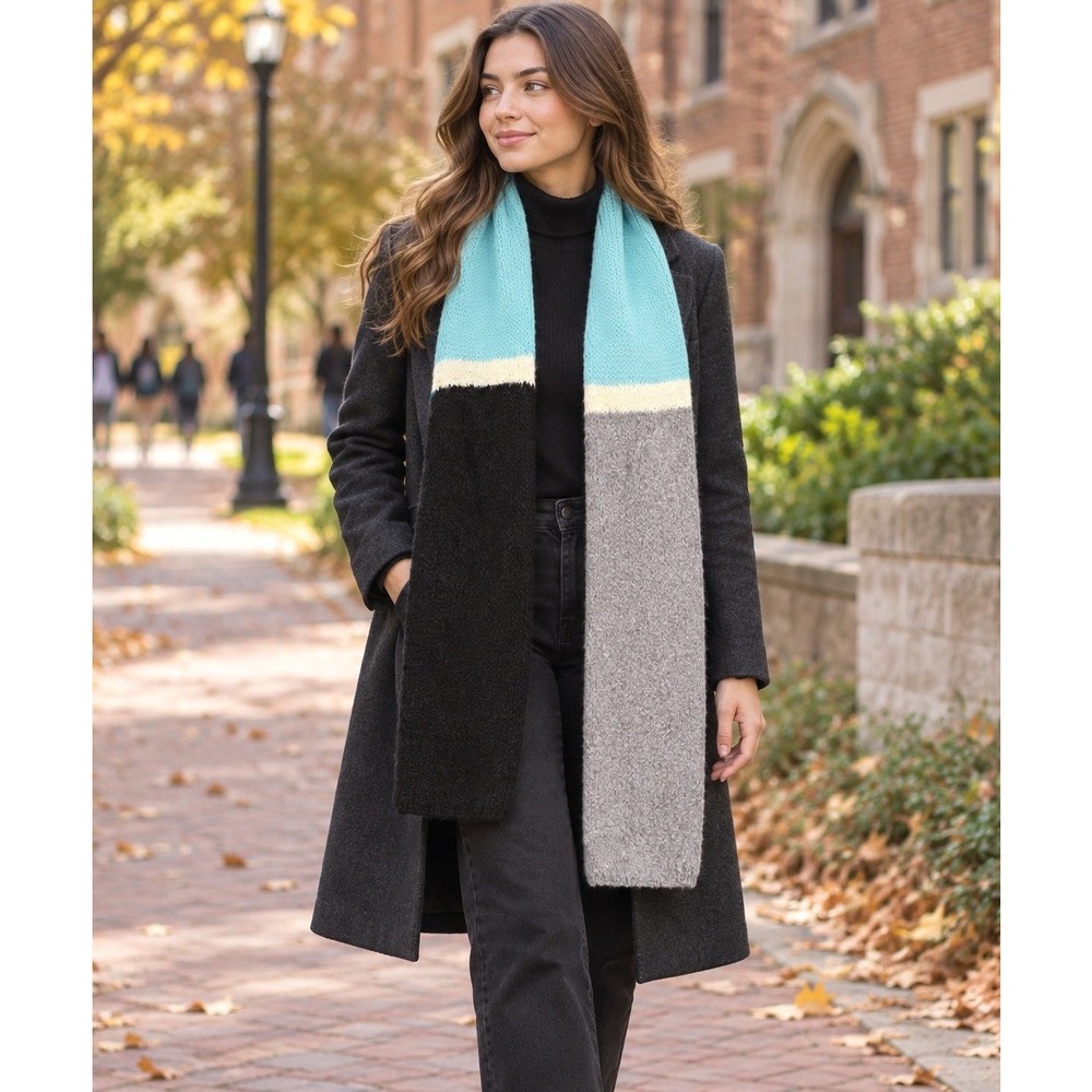 Calvin Klein Striped Knit Scarf Mint Green Turquoise Gray Black Wool Blend NWT
